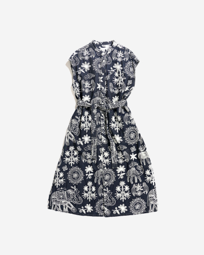 Banded Collar Dress - Indigo Floral Embroidery Denim